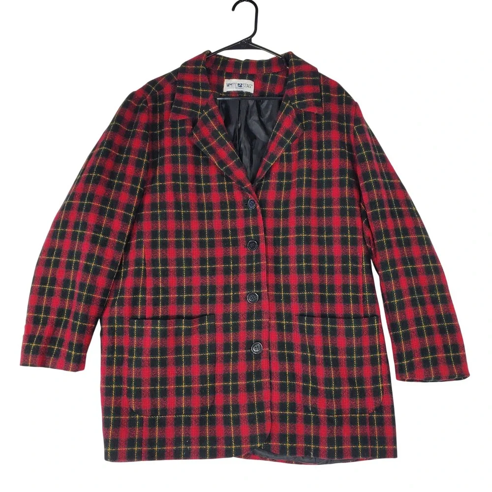 White Stag Woman Plaid Blazer Jacket Red Black Yellow Longline Coat Pockets